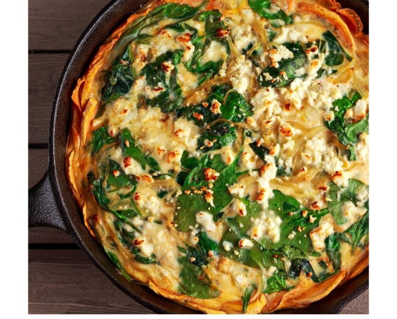 Potato Crust Quiche with Spinach in Cast Iron Skillet